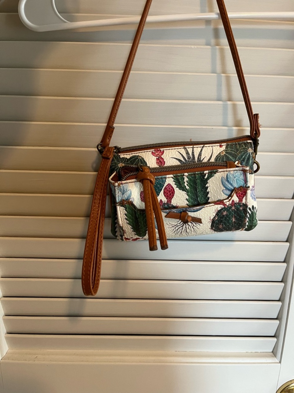 White Botanical Print Crossbody Wristlet with Brown Trim